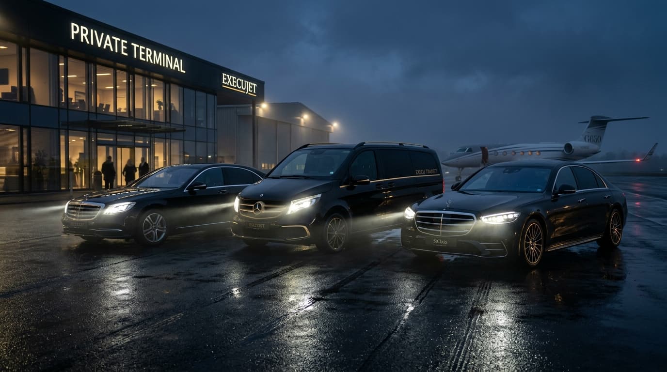 Luxe Route Executive 3-Car Luxury Fleet - Mercedes S-Class, Mercedes V-Class, and Executive Sedan at Private Terminal